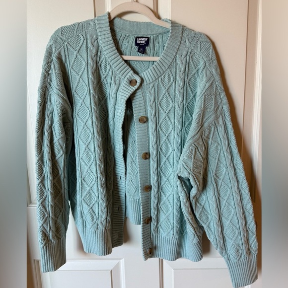 Lands' End Sweaters - Lands’ End Drifter Cable Knit Cardigan 1X 16W Mint Seafoam Cotton Button Front